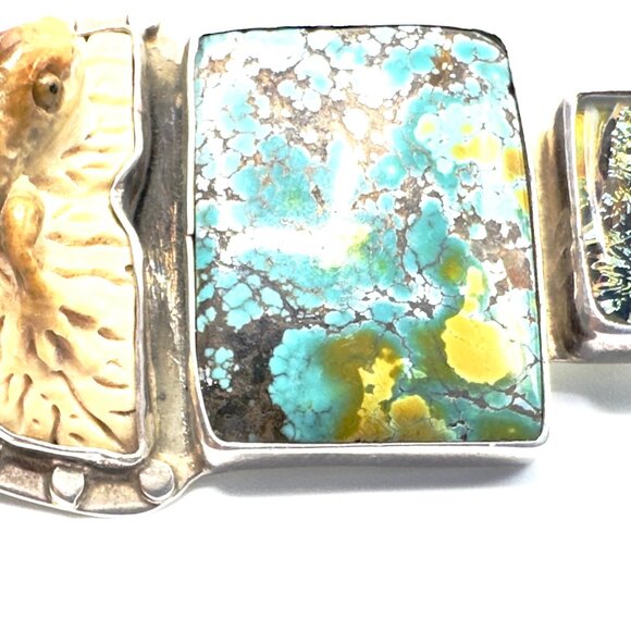 Vintage Amy Kahn Russell Carved Frog Brooch-Pendant Combo w/Turquoise & Glass - Picture 10 of 15